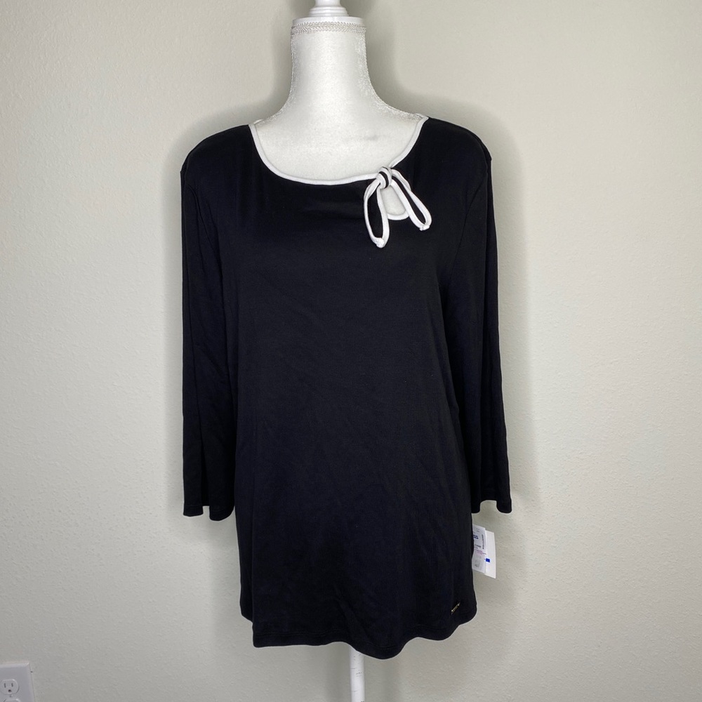 New Ellen Tracy Size XL Black Long Sleeve Cotton Bow Tie Collar Tops Blouse